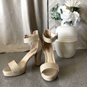 Gold champagne glitter shimmer platform heels ankle strap 4 inch